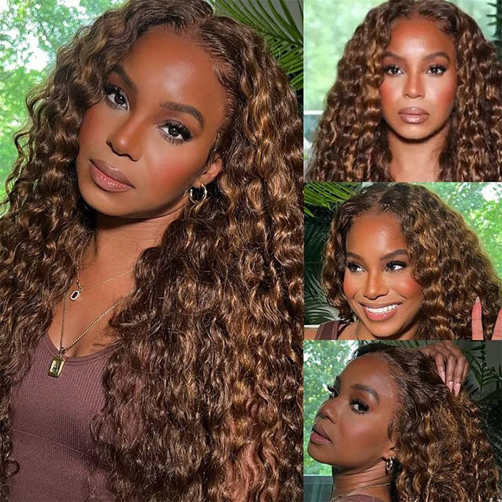 Highlight Water Wave 13x4 Lace Frontal Wig Ombre Auburn Brown Wigs