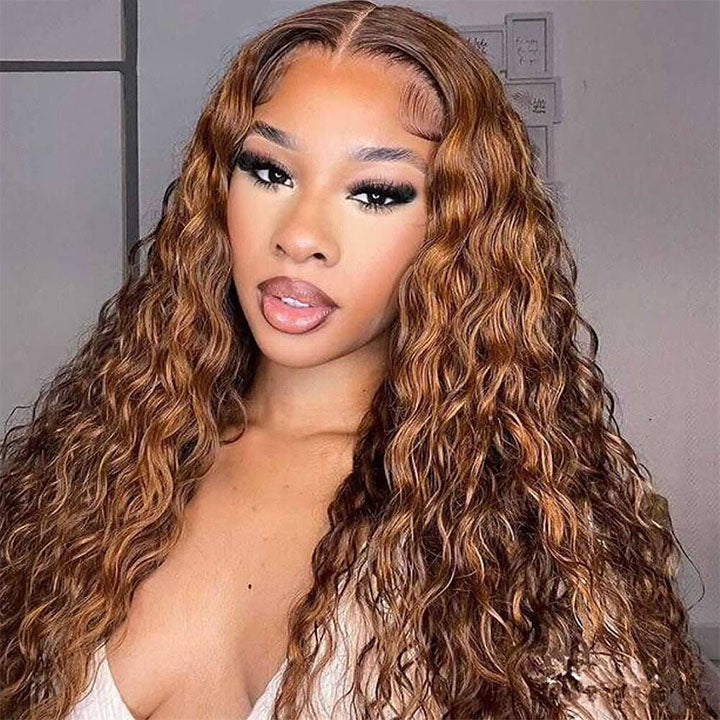 Highlight Water Wave 13x4 Lace Frontal Wig Ombre Auburn Brown Wigs