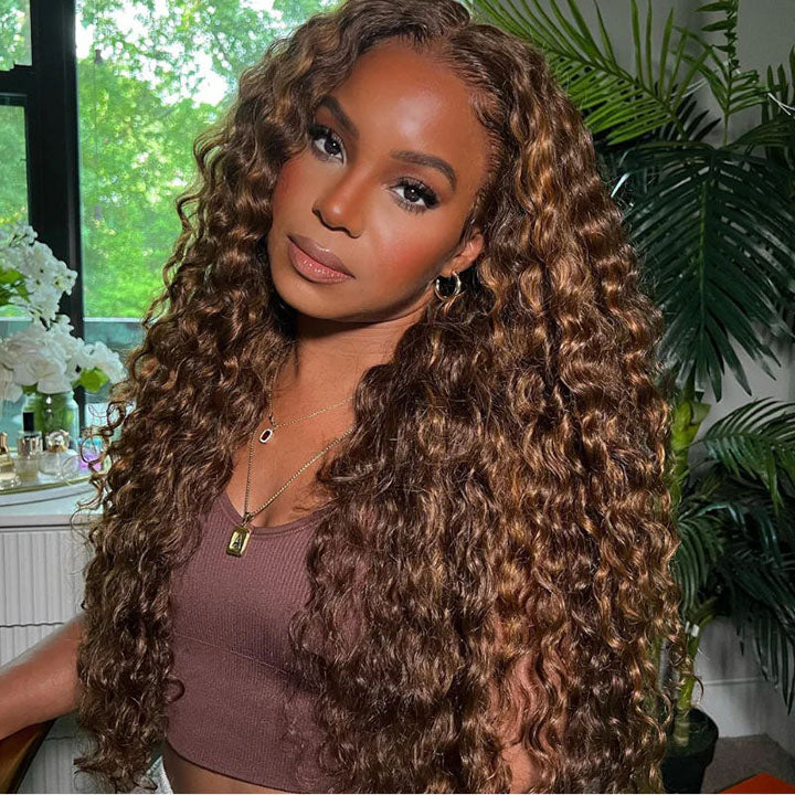 Highlight Water Wave 13x4 Lace Frontal Wig Ombre Auburn Brown Wigs