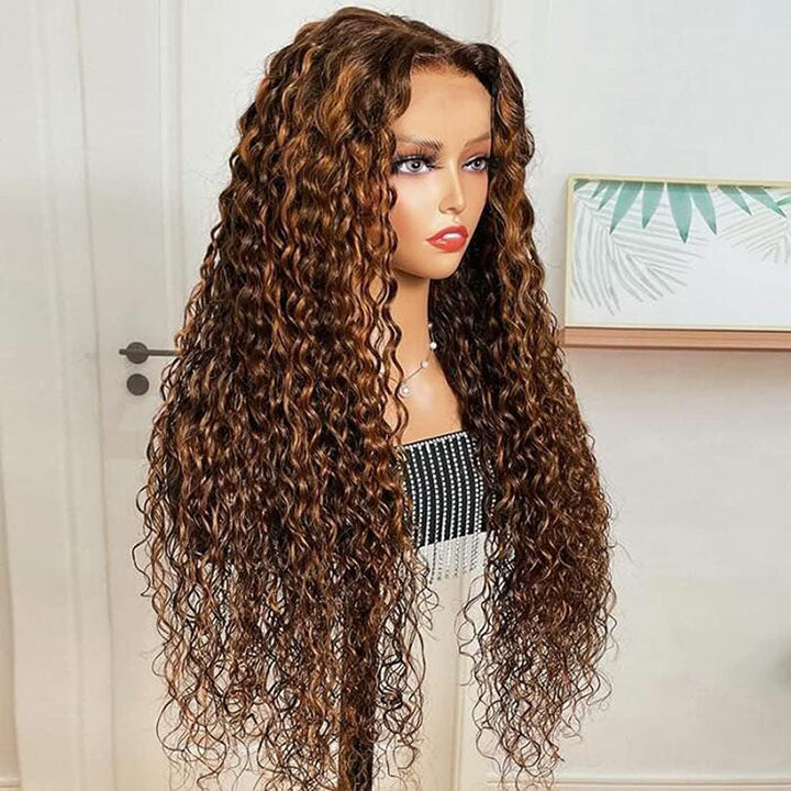 Highlight Water Wave 13x4 Lace Frontal Wig Ombre Auburn Brown Wigs