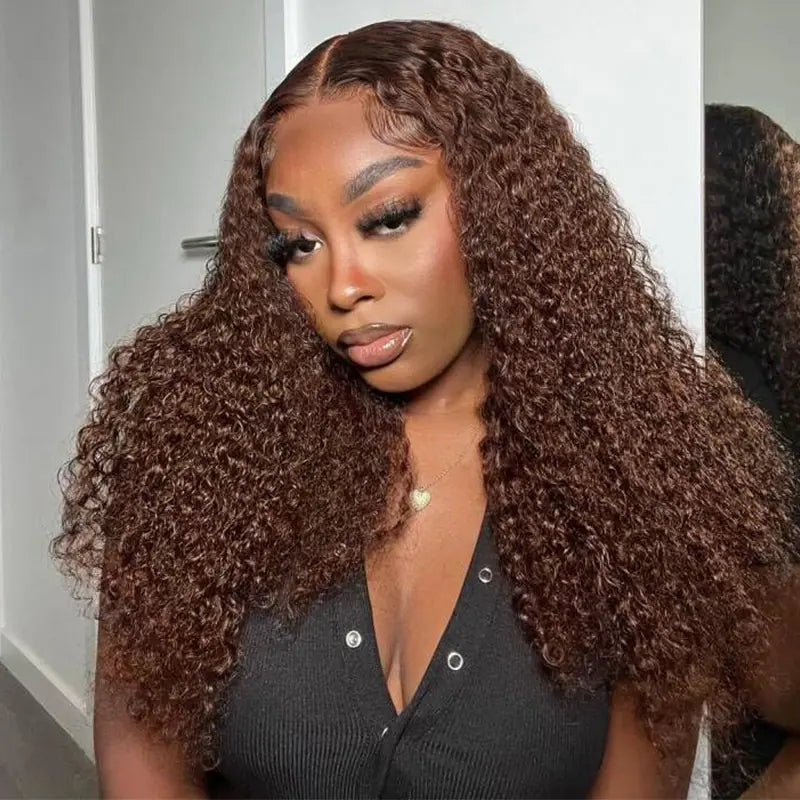 Pre Cut Glueless Lace Wig Chocolate Brown Color Curly Lace Front Human Hair Wigs