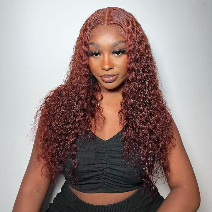 Pre Cut Lace Wig Wear & Go Reddish Brown Color Curly Human Hair Wig