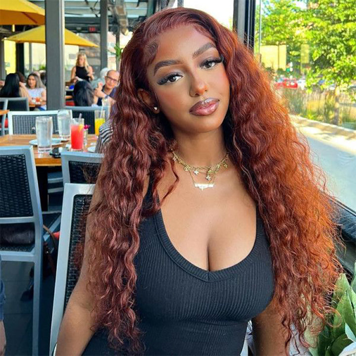 Pre Cut Lace Wig Wear &amp; Go Wig Deep Wave Reddish Brown Color Lace Wigs