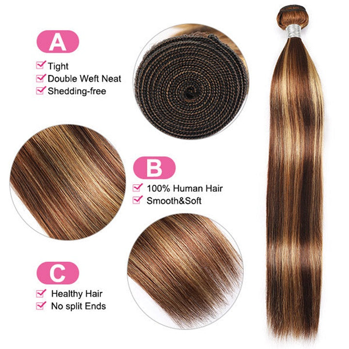 Highlight Brown P4/27 Straight Hair 3 Bundles With 4x4 Lace Closure Human Hair Weaves