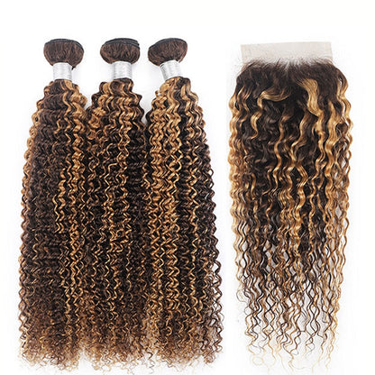 Highlight Brown P4/27 Kinky Curly Hair 3 Bundles With 4x4 Lace Closure Human Hair Weaves