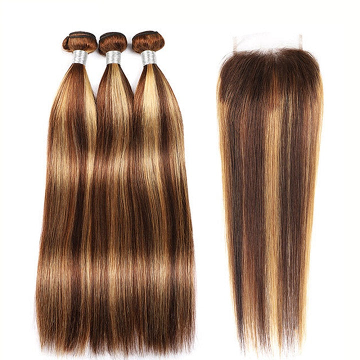 Highlight Brown P4/27 Straight Hair 3 Bundles With 4x4 Lace Closure Human Hair Weaves