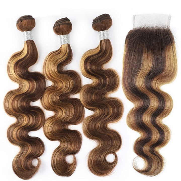 Highlight Brown P4/27 Body Wave Hair 3 Bundles With 4x4 Lace Closure 100% Human Hair Weaves