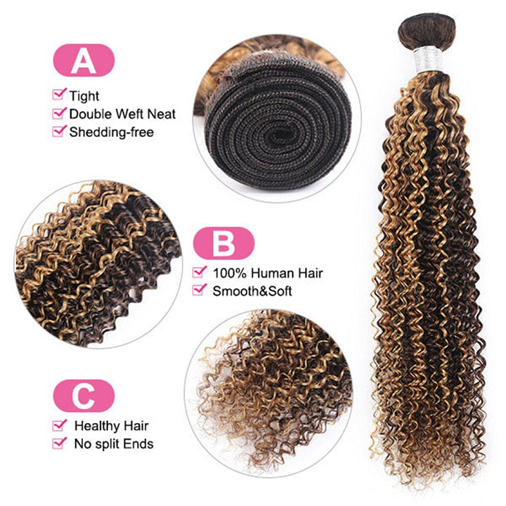 Highlight Brown P4/27 Kinky Curly Hair 3 Bundles With 4x4 Lace Closure Human Hair Weaves