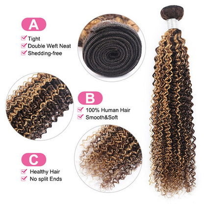 Highlight Brown P4/27 Kinky Curly Hair 3 Bundles With 4x4 Lace Closure Human Hair Weaves