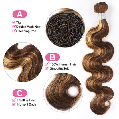 Highlight Brown P4/27 Body Wave Hair 3 Bundles With 4x4 Lace Closure 100% Human Hair Weaves