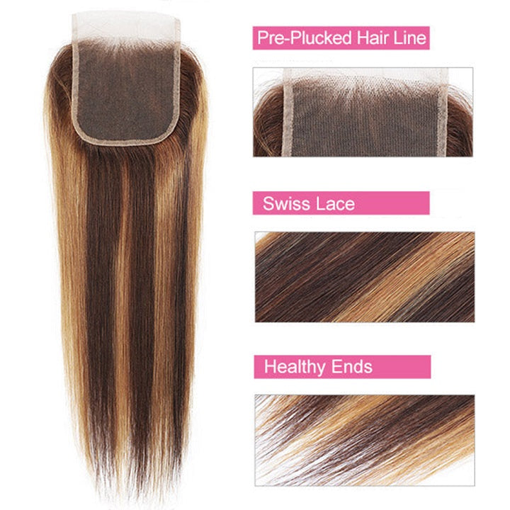 Highlight Brown P4/27 Straight Hair 3 Bundles With 4x4 Lace Closure Human Hair Weaves