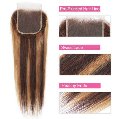 Highlight Brown P4/27 Straight Hair 3 Bundles With 4x4 Lace Closure Human Hair Weaves