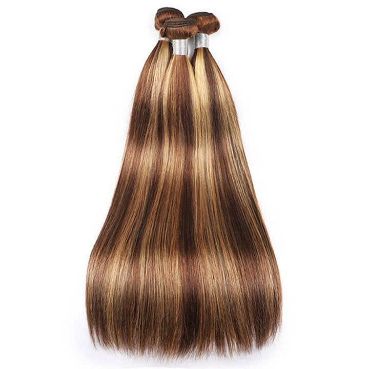 Highlight Brown P4/27 Straight Hair 3 Bundles With 4x4 Lace Closure Human Hair Weaves