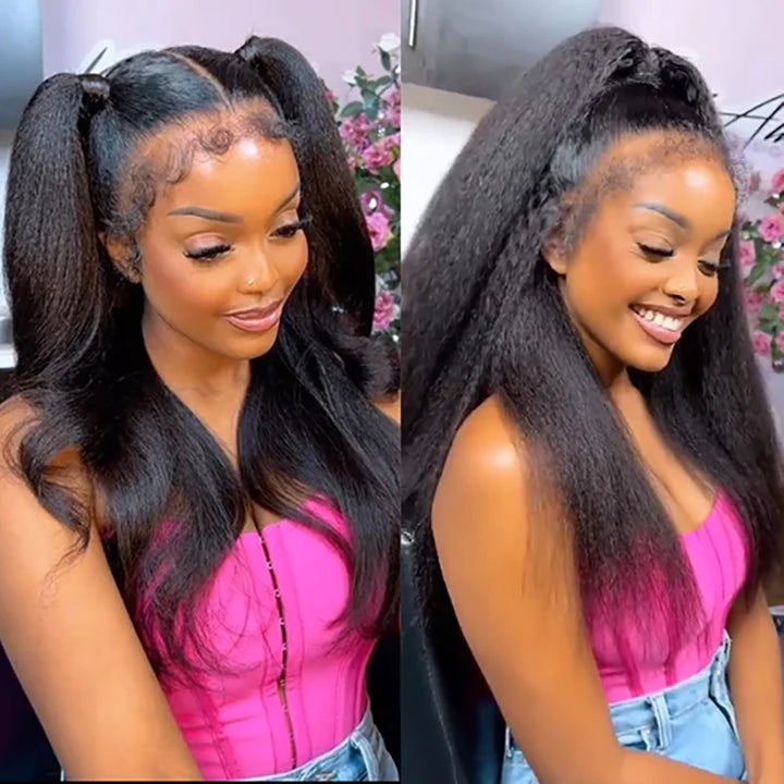 [Alee] 4C Edges Wigs Yaki Kinky Straight HD 13x4 Lace Front Wigs With Curly Baby Hair