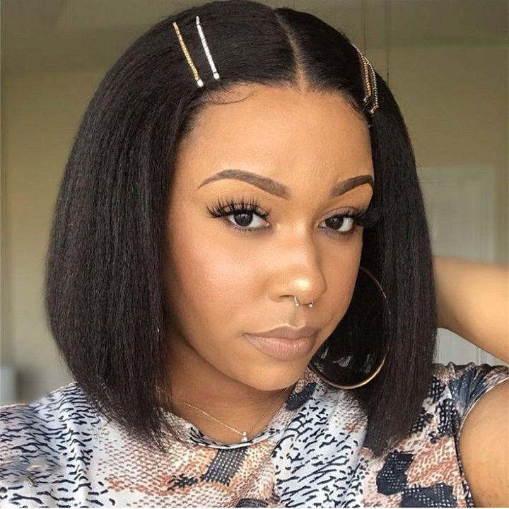 Kinky Straight V Part Handtied Bob Wig Glueless Human Hair Wig No Leave Out