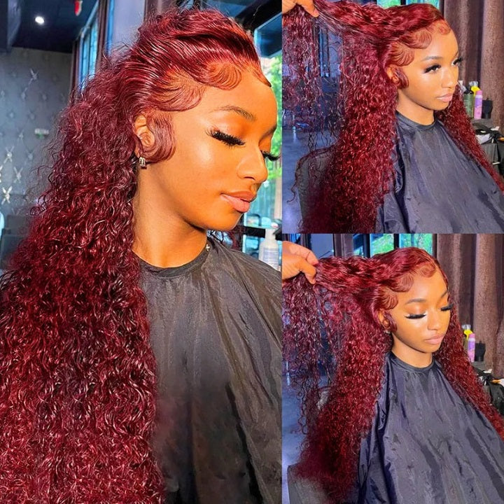 99J Red Burgundy Colored Curly 13x4 Lace Front HD Wig Glueless Human Hair Wig