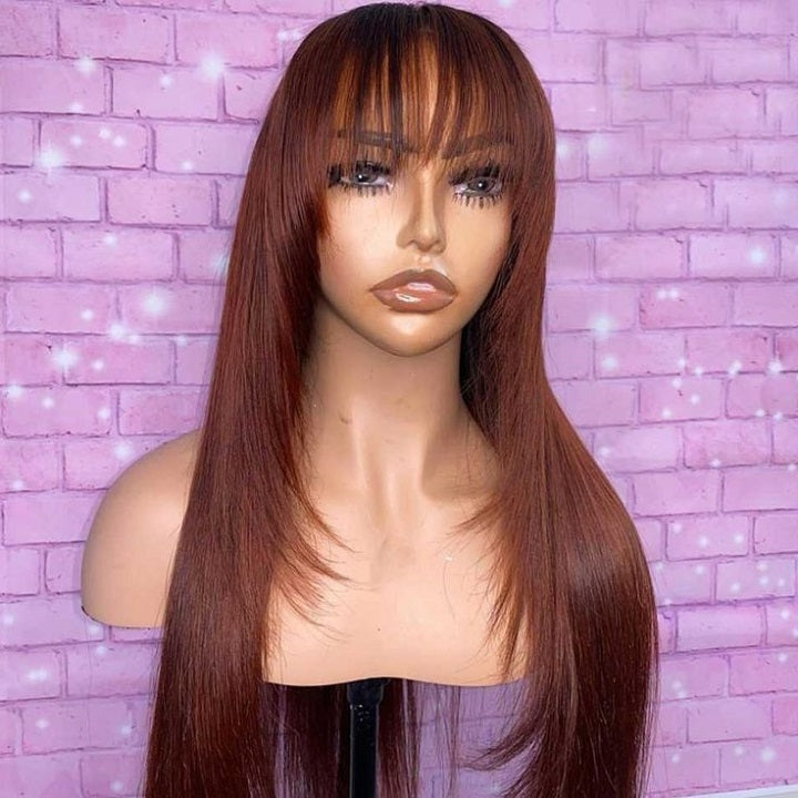 Reddidh Brown Straight Layer Cut Machinemade Wig With Bangs Glueless Human Hair Wig