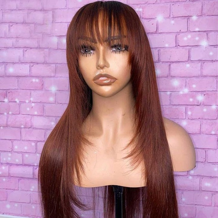 Reddidh Brown Straight Layer Cut Machinemade Wig With Bangs Glueless Human Hair Wig