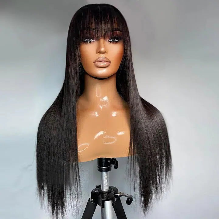Straight Machinemade Wig With Bangs Glueless Human Hair Wig