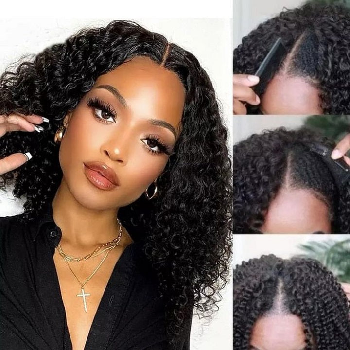 Curly V Part Handtied Bob Wig No Leave Out Glueless Human Hair Wig