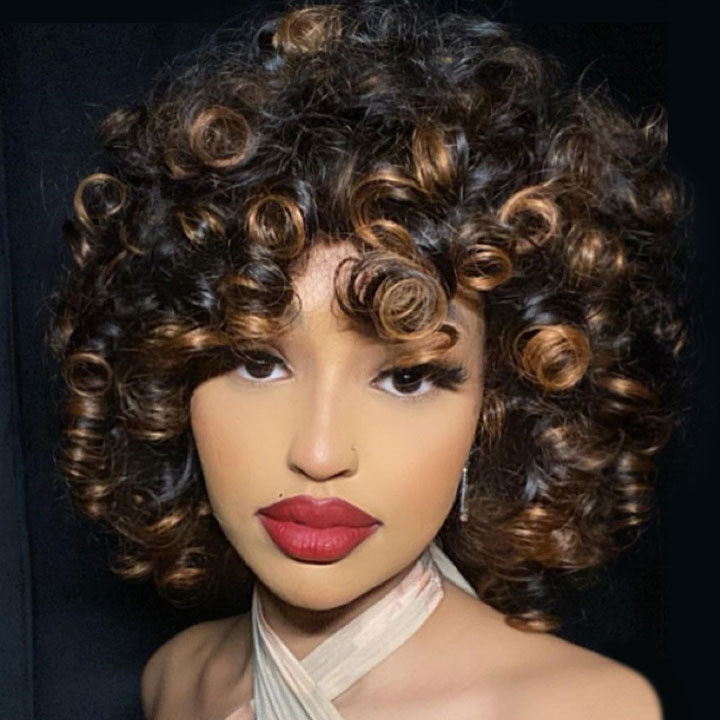 T1B/30 Rose Bouncy Curly Wig With Bangs Glueless 99J Machinemade Human Hair Wig Double Drawn