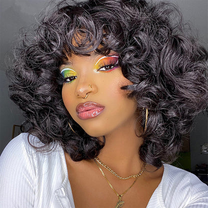 T1B/30 Rose Bouncy Curly Wig With Bangs Glueless 99J Machinemade Human Hair Wig Double Drawn