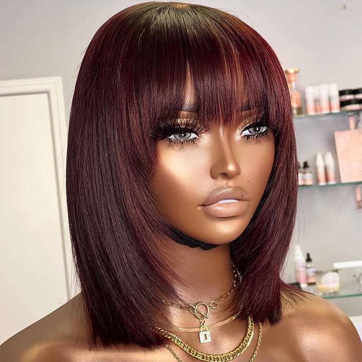 Burgundy Straight Bob Layer Cut Wig With Bangs Full Machinemade Glueless Human Hair Wig