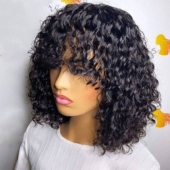 True Scalp Wig Water Wave bob Wigs with Bangs Short Black Wig for Women