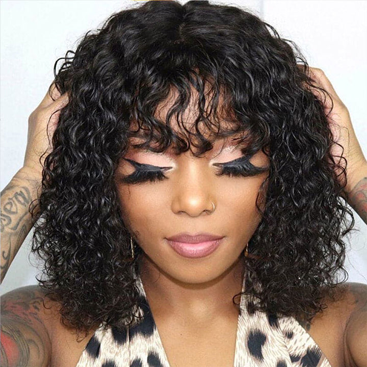 True Scalp Wig Water Wave bob Wigs with Bangs Short Black Wig for Women