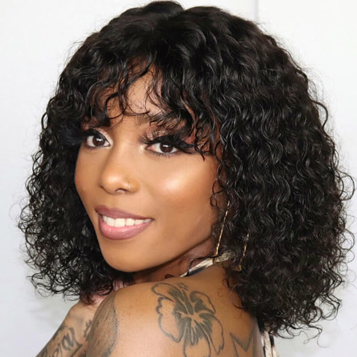 True Scalp Wig Water Wave bob Wigs with Bangs Short Black Wig for Women