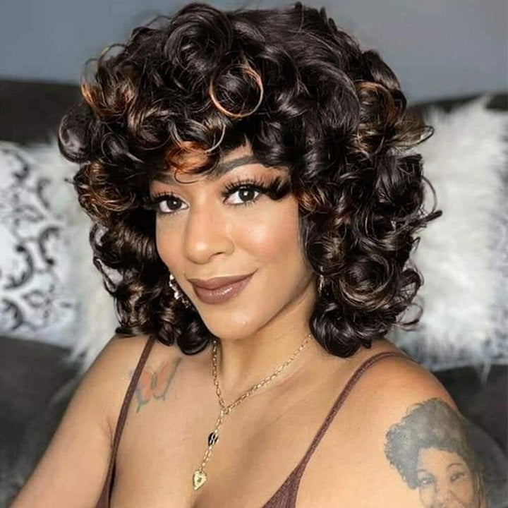 T1B/30 Rose Bouncy Curly Wig With Bangs Glueless 99J Machinemade Human Hair Wig Double Drawn