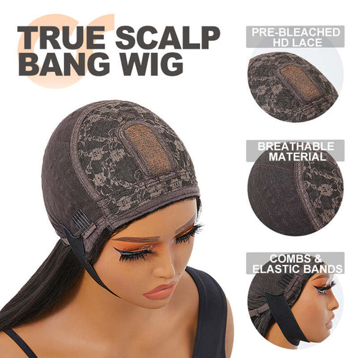 True Scalp Wig Straight Human Hair Bob Wig With Bangs 180 Density