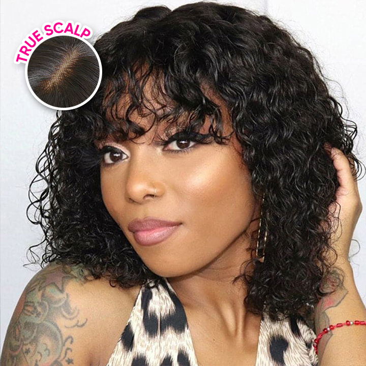 True Scalp Wig Water Wave bob Wigs with Bangs Short Black Wig for Women