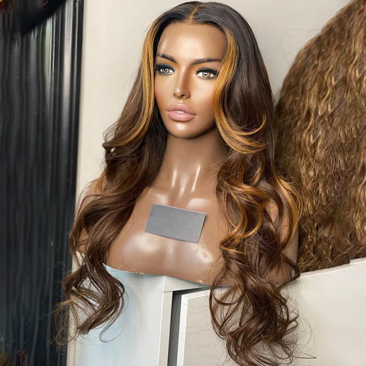 Highlight Lace Front Wig Human Hair Brown Color HD Lace Wigs
