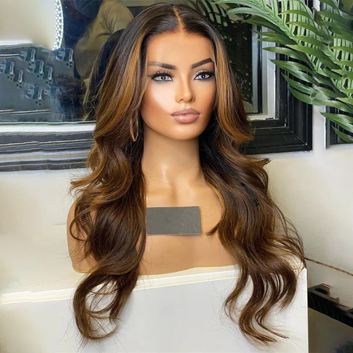 Highlight Lace Front Wig Human Hair Brown Color HD Lace Wigs