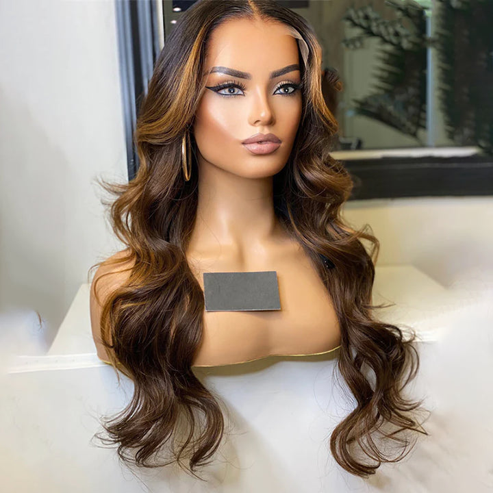 Highlight Lace Front Wig Human Hair Brown Color HD Lace Wigs